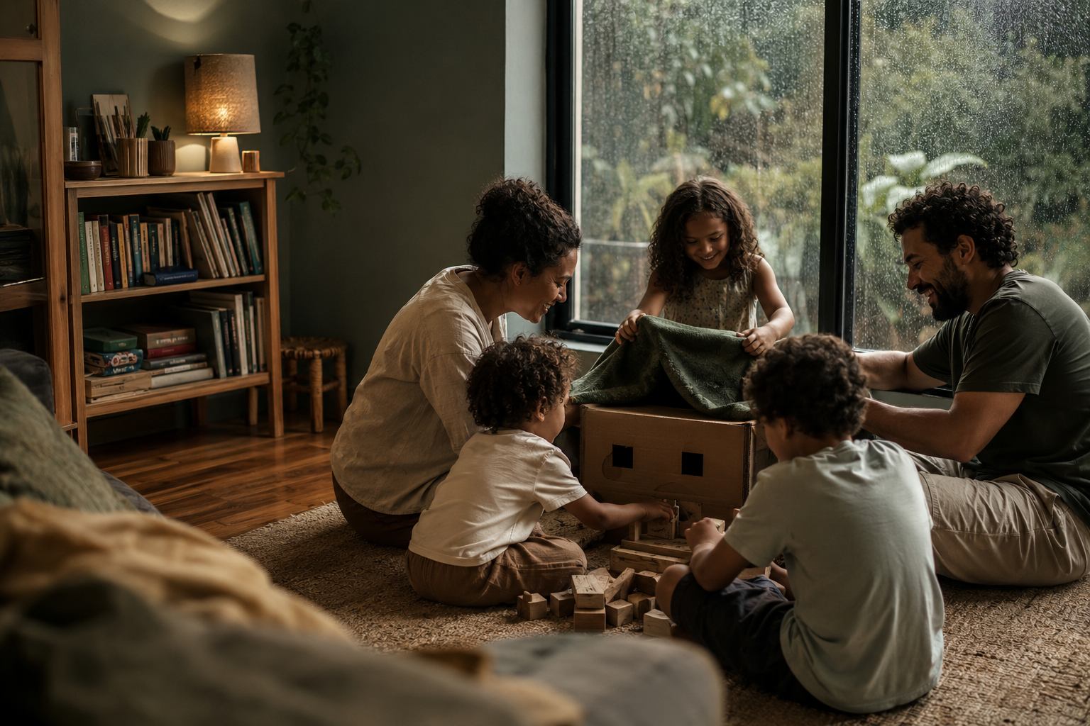Família reunida em uma tarde chuvosa, construindo memórias em uma brincadeira simples