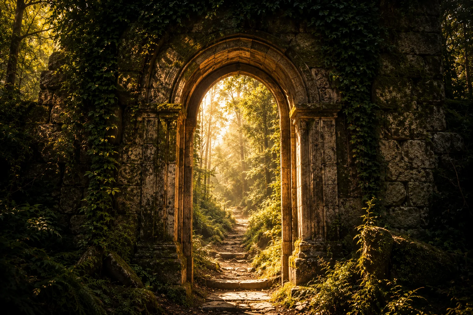 Portal de pedra em uma floresta, símbolo da fé
